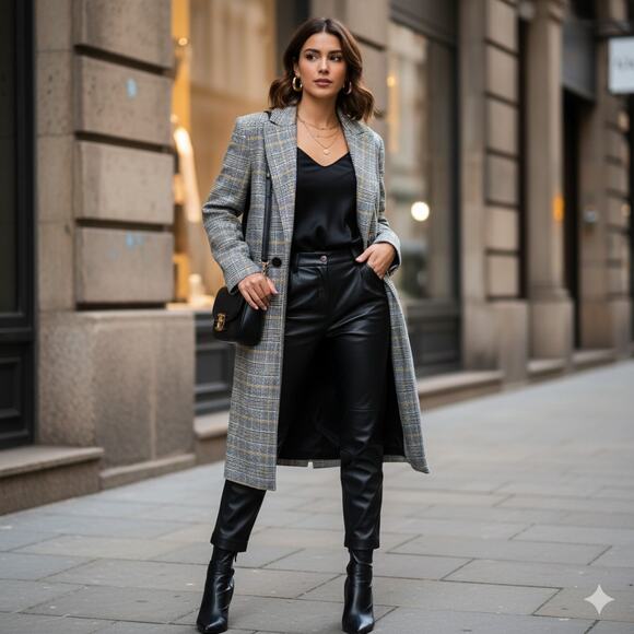 Zara Basic Outerwear Gray and Yellow Houndstooth Long Coat - Picture 1 of 9